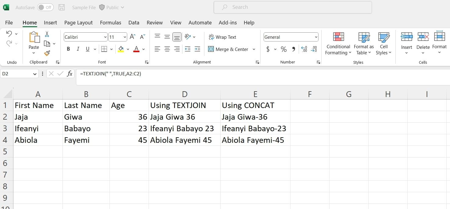 Một bảng tính hiển thị CONCAT và TEXTJOIN đang được sử dụng
