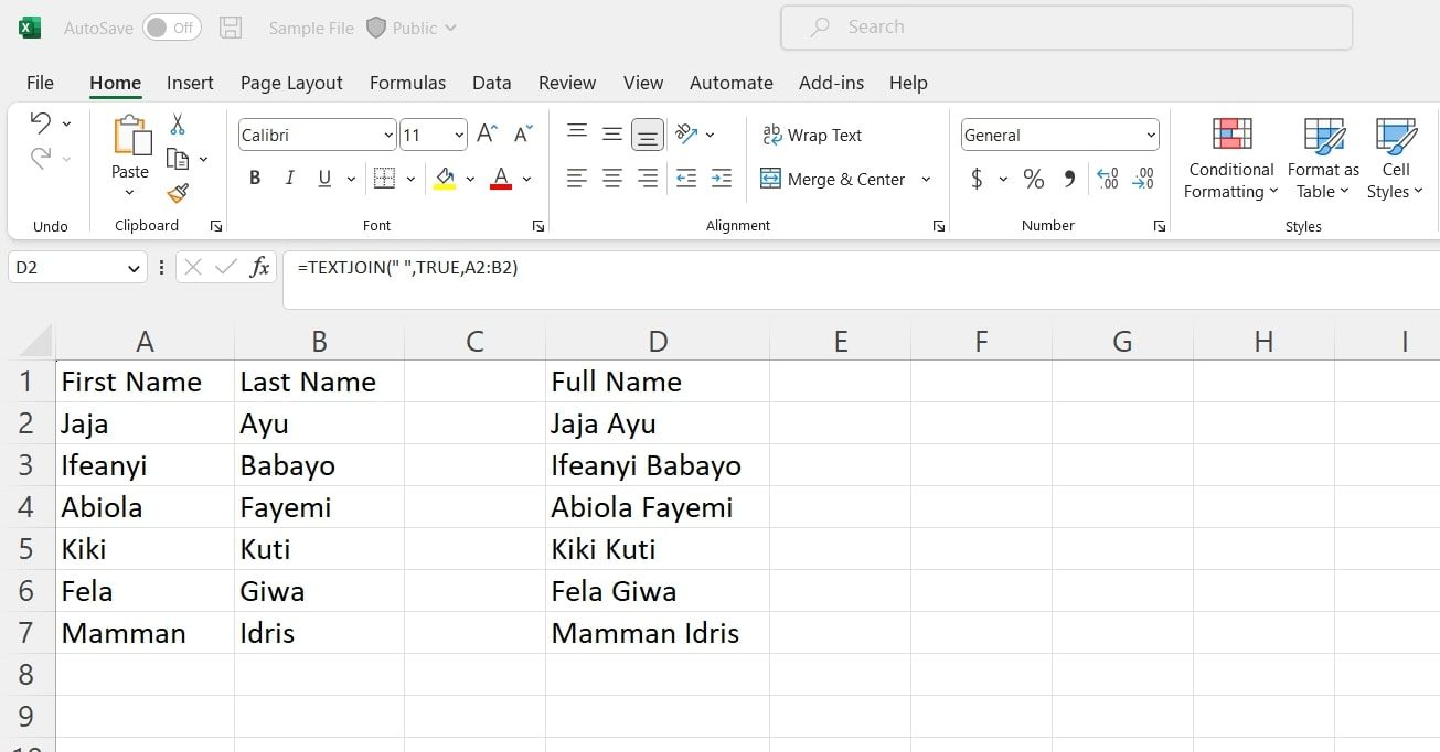 Một bảng tính hiển thị các hàm TEXTJOIN của Excel đang được sử dụng