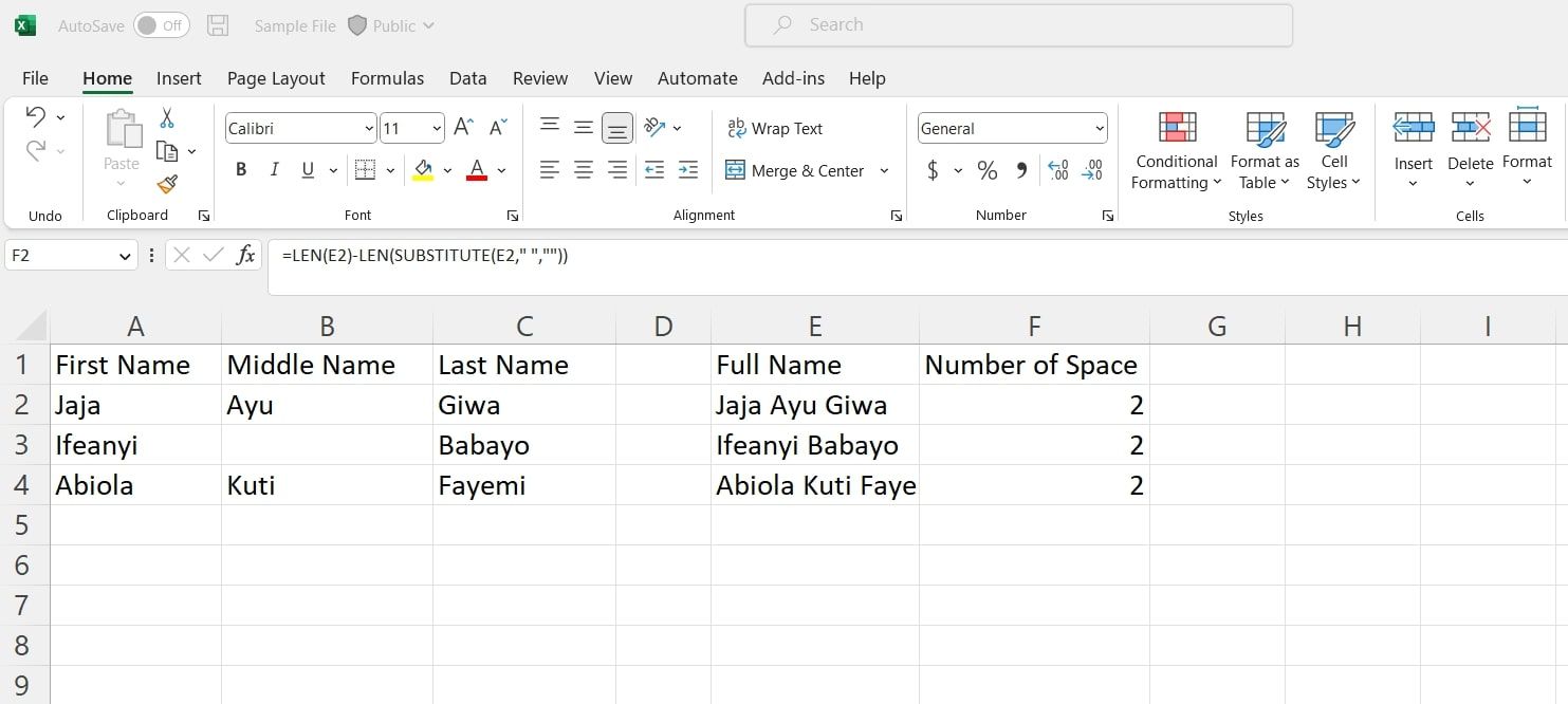 Một bảng tính hiển thị hàm LEN trong Excel đang được sử dụng