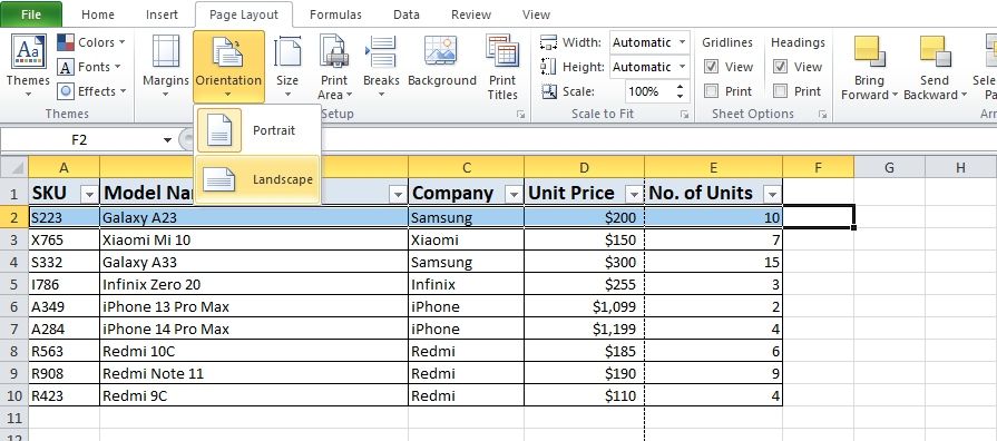 Định hướng trang trong Dải băng Excel