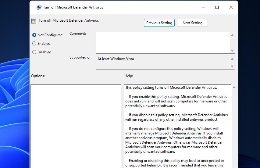 Cửa sổ Tắt chính sách Chống vi-rút của Bộ bảo vệ Microsoft 