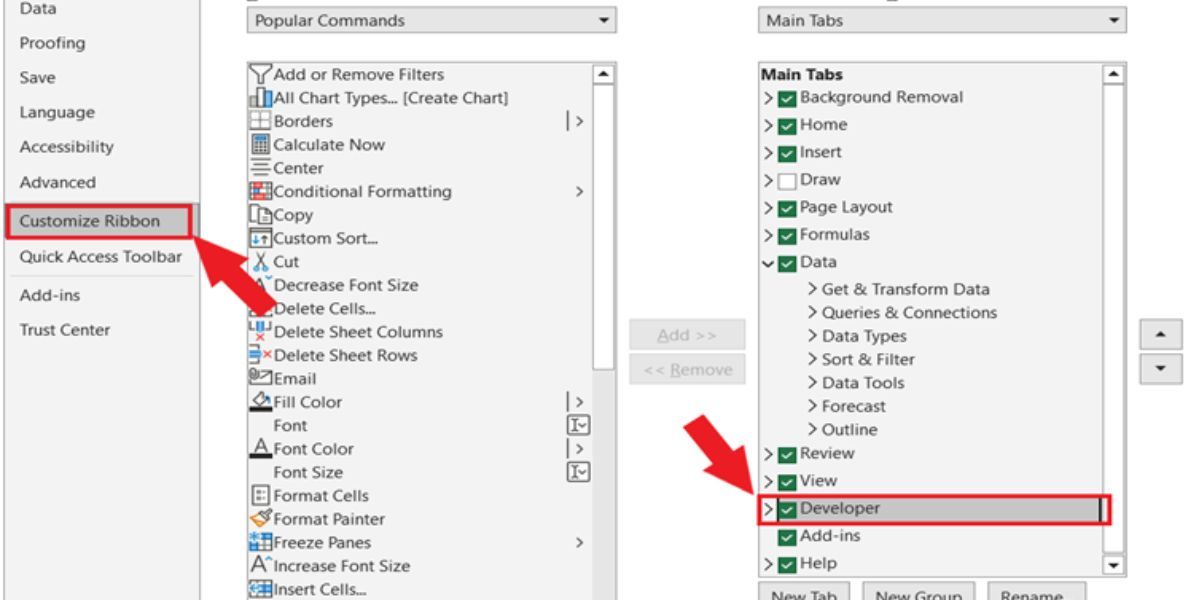 Cửa sổ bật lên Excel với dải băng tùy chỉnh được chọn ở bên trái và một hộp xung quanh tab nhà phát triển ở bên phải