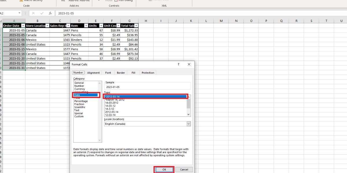 Cửa sổ bật lên định dạng ô Excel với Ngày được chọn ở bên trái và định dạng yyyy-mm-dd được chọn ở bên phải