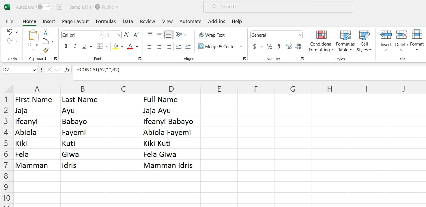 Một bảng tính hiển thị hàm CONCAT của Excel đang được sử dụng