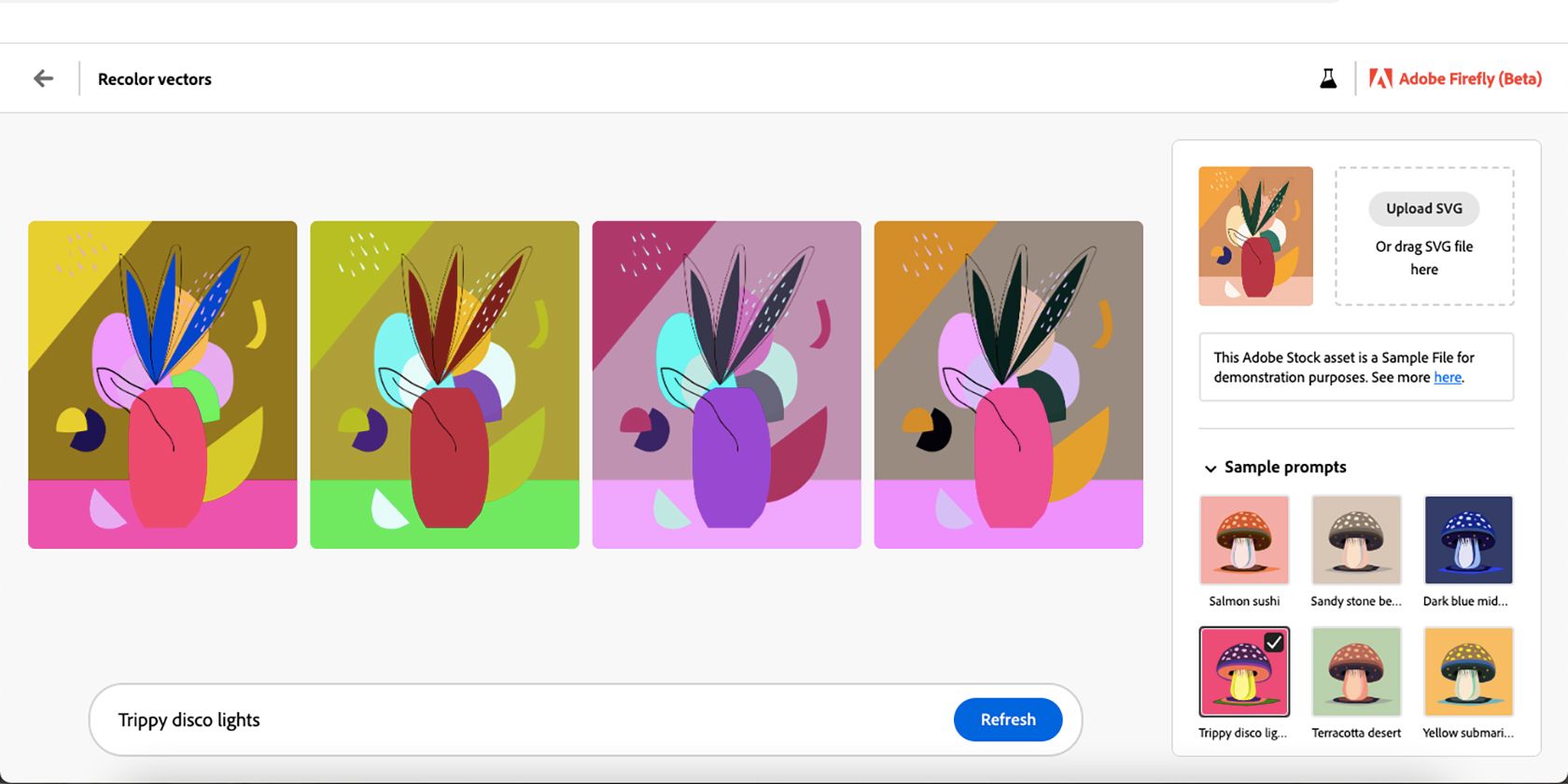 Adobe Firefly vector recolor tool.