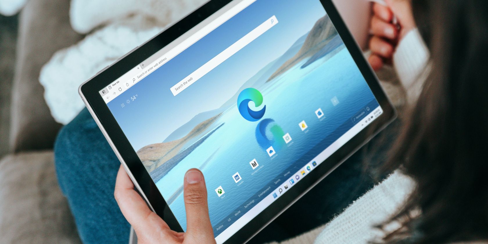 Woman Accessing Microsoft Edge on a Tab