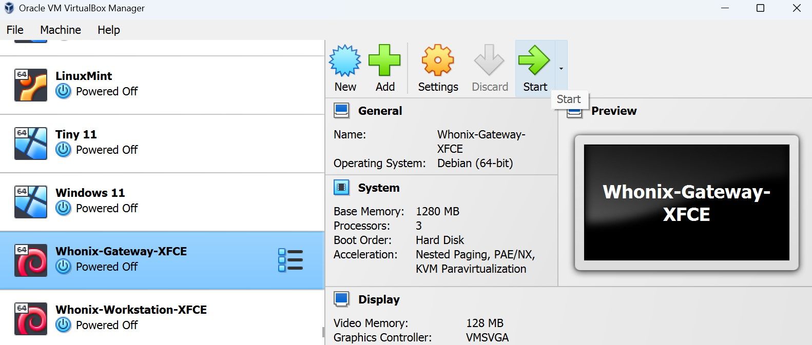 khởi động cổng whonix xfce