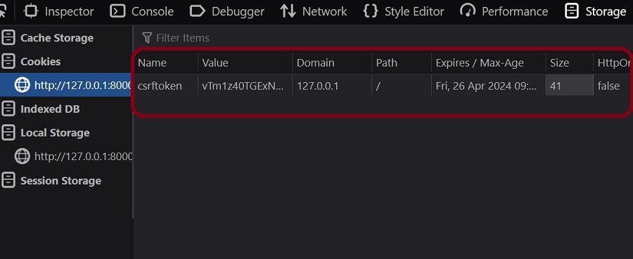 cookie csrf được lưu trữ trong bộ lưu trữ của trình duyệt 