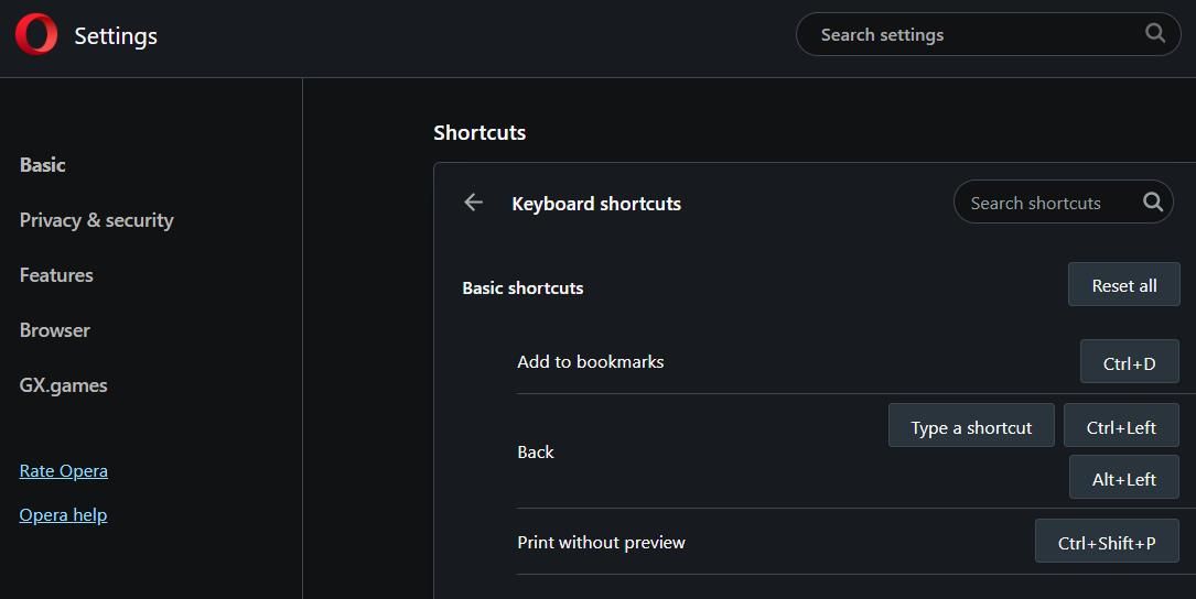 Các phím tắt có thể tùy chỉnh trong Opera