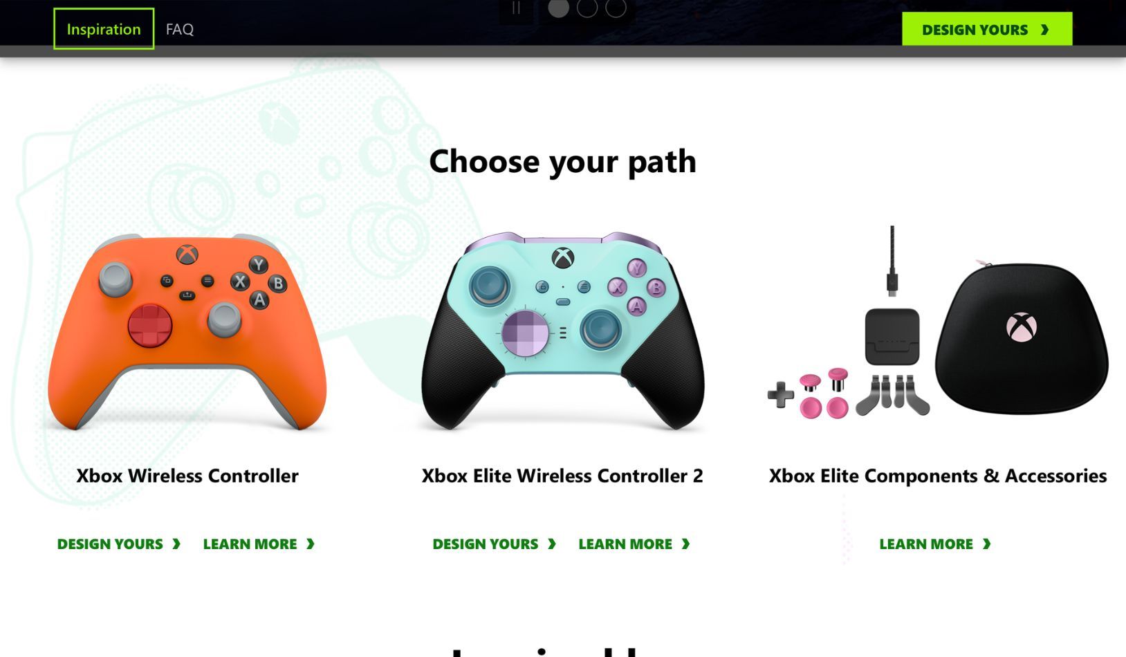 Menu lựa chọn sản phẩm của Xbox Design Lab