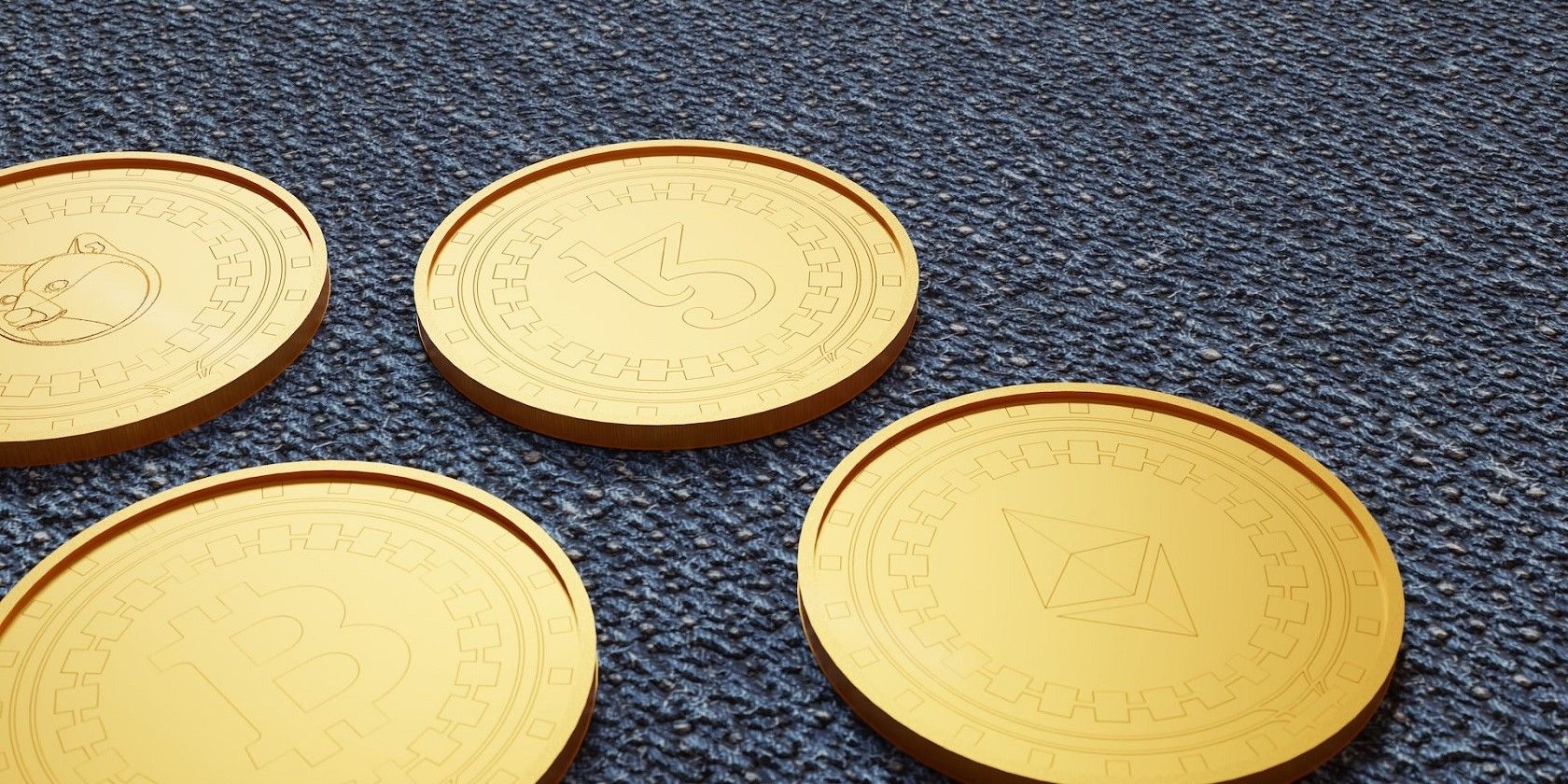 Minh họa 3D về tezos coin, bitcoin, dogecoin và ethereum