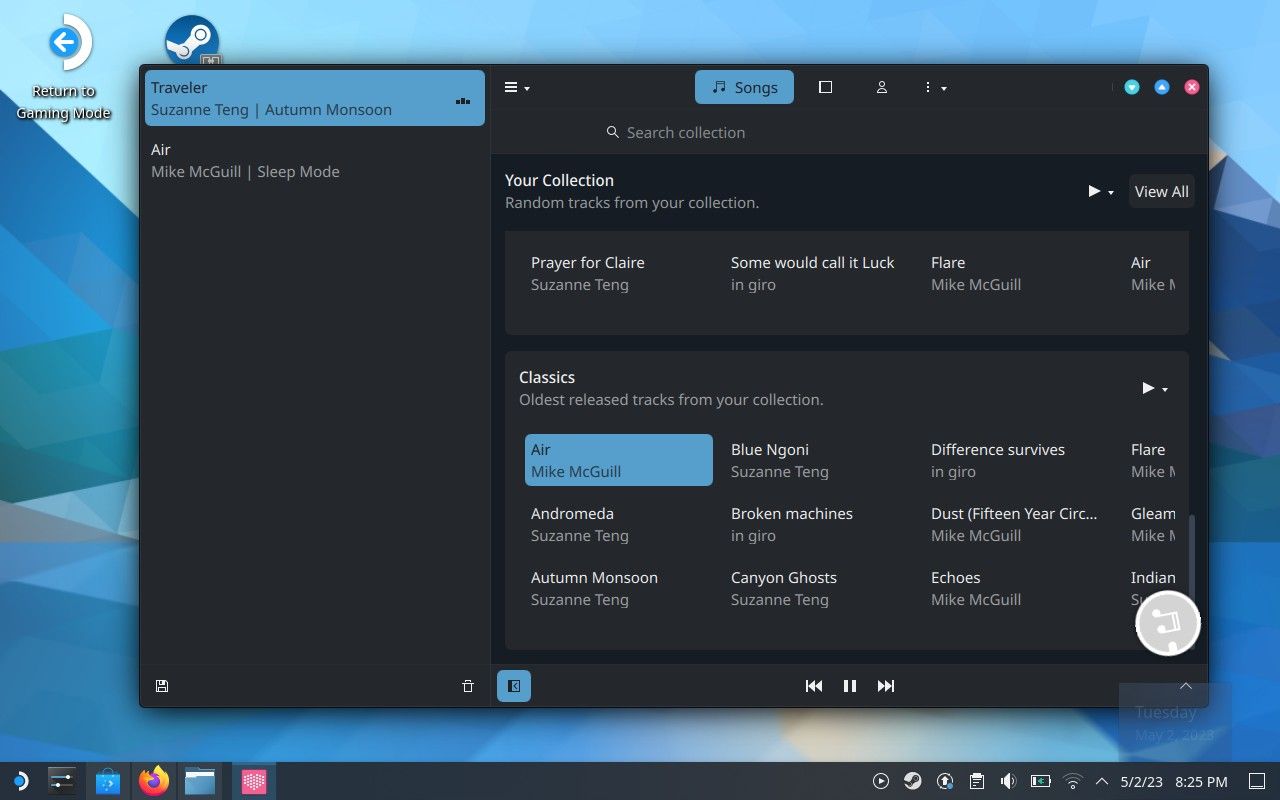 Trình phát nhạc Vvave hiển thị các bài hát trên Steam Deck.