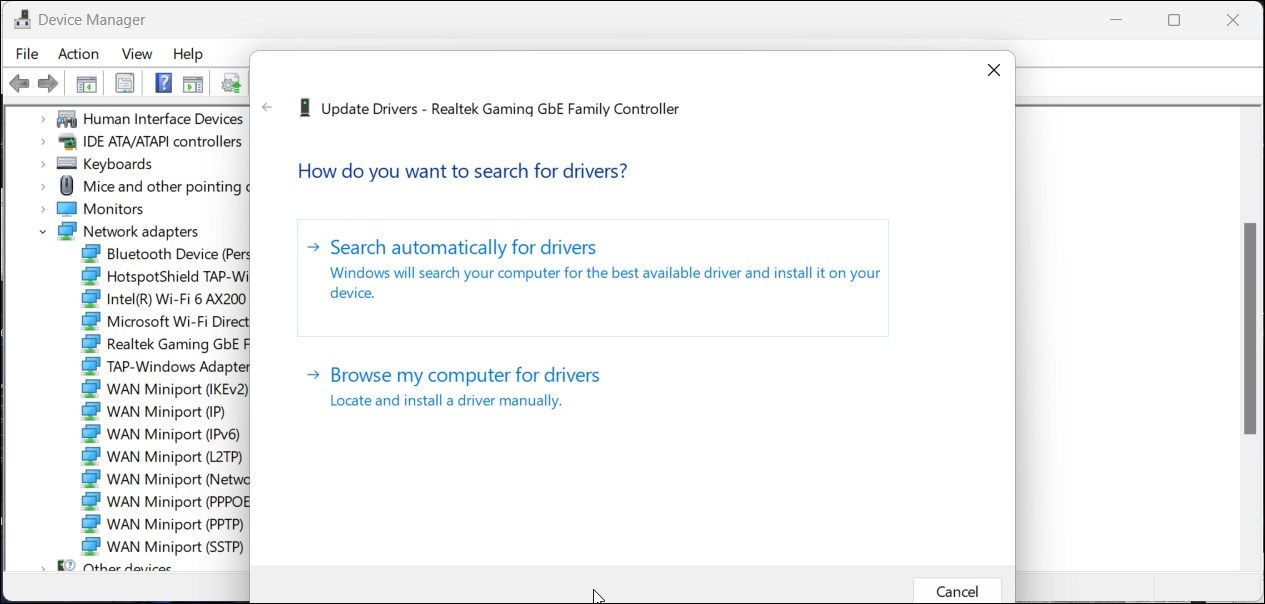 trình quản lý thiết bị windows 11 tự động cập nhật tìm kiếm bộ điều hợp mạng