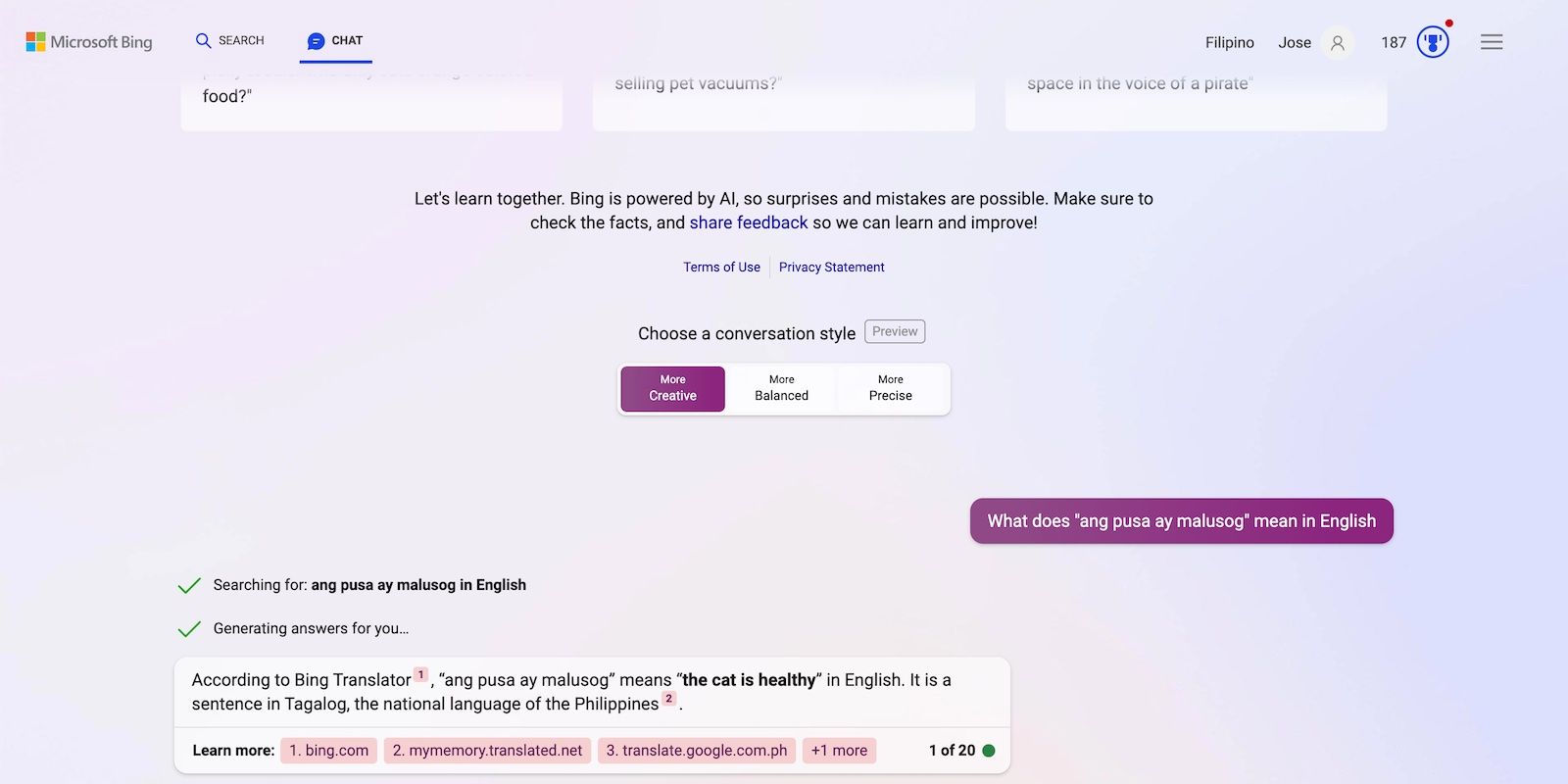 Trò chuyện Bing Dịch tiếng Tagalog sang tiếng Anh