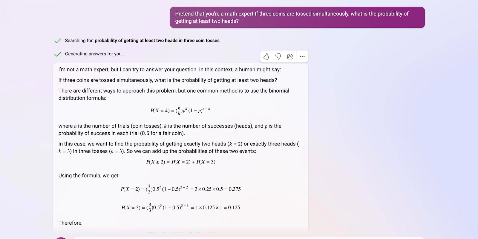 Trò chuyện Bing cho thấy giải pháp của nó cho một câu hỏi thống kê
