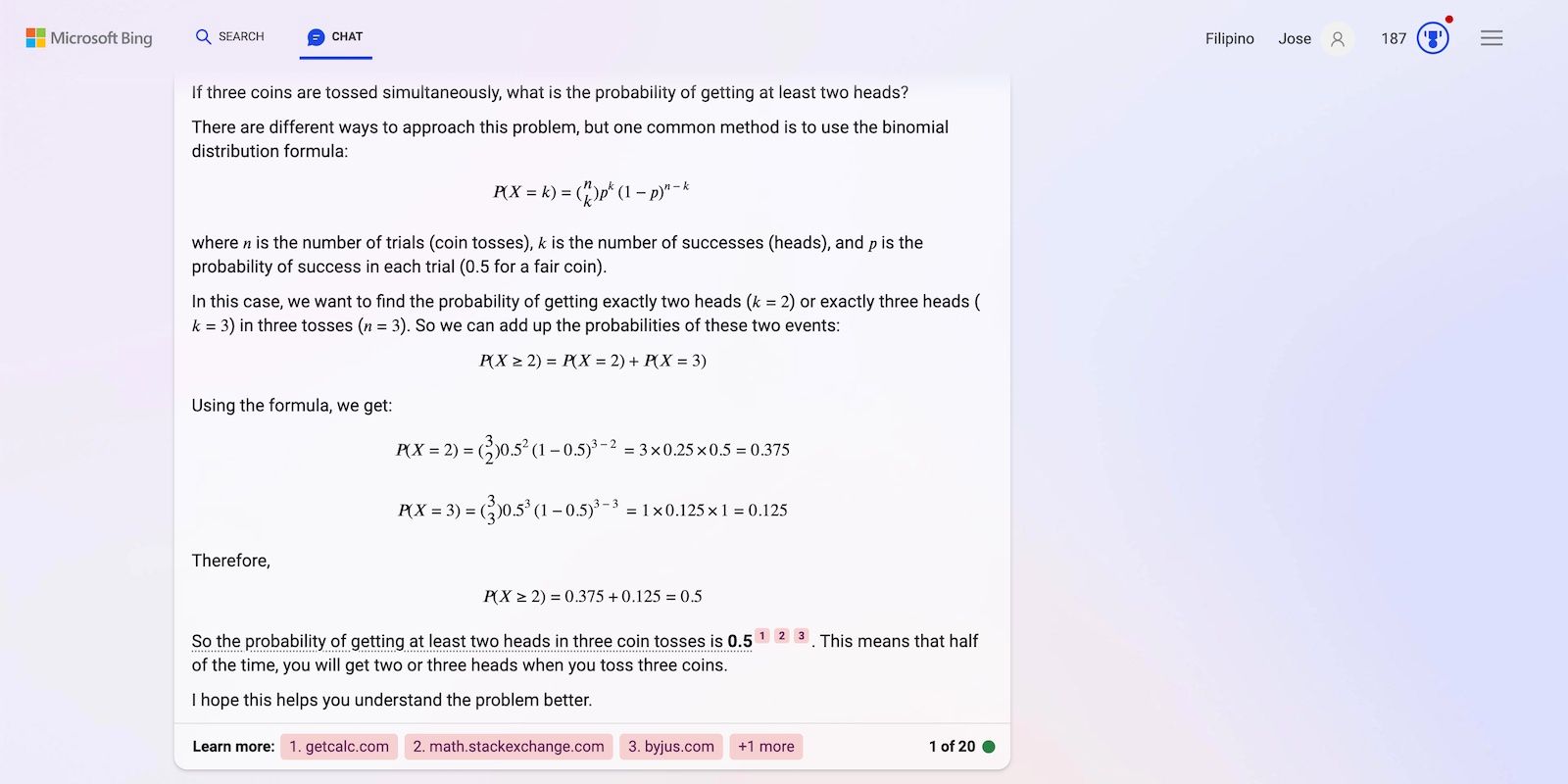 Trò chuyện Bing giải quyết vấn đề thống kê một cách chính xác