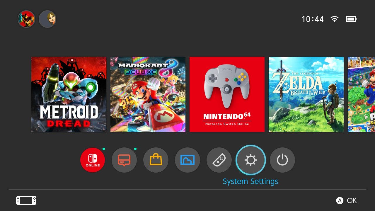Ảnh chụp màn hình Màn hình chính của Nintendo Switch với Cài đặt hệ thống được tô sáng 