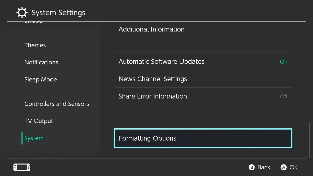 Ảnh chụp màn hình Cài đặt hệ thống trên Nintendo Switch với tùy chọn Tùy chọn định dạng được tô sáng