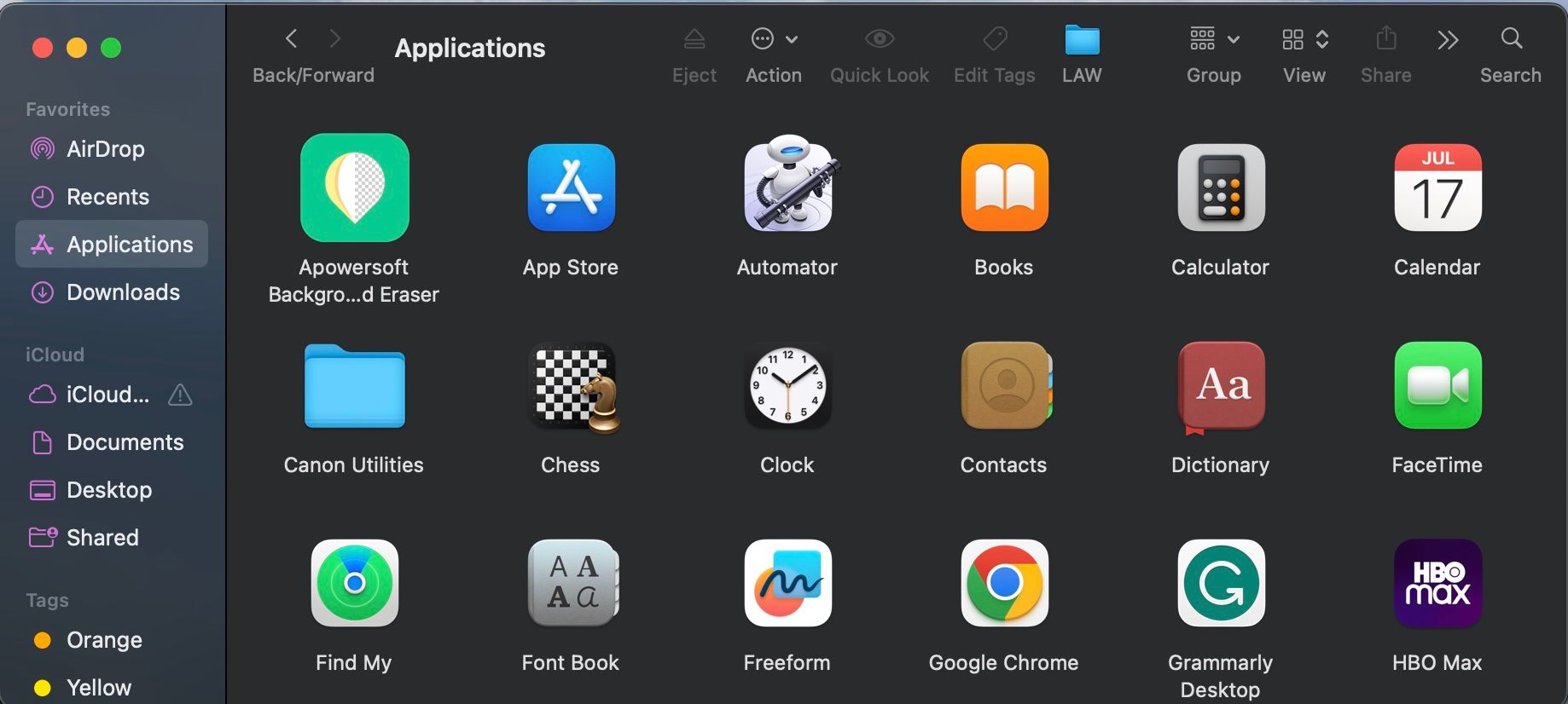 Thanh công cụ Mac Finder với các biểu tượng được sắp xếp lại