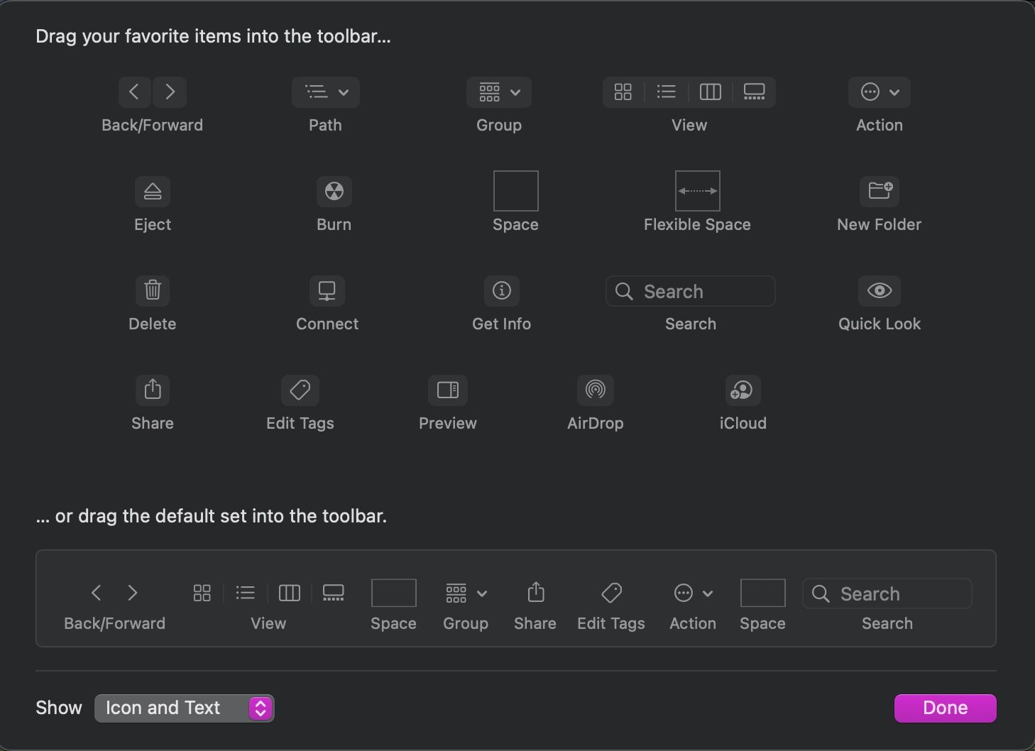 Menu để tùy chỉnh thanh công cụ của Finder trên máy Mac của bạn