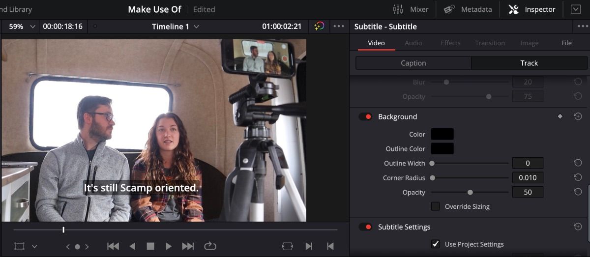 DaVinci Resolve Phụ đề theo dõi tùy biến mở 