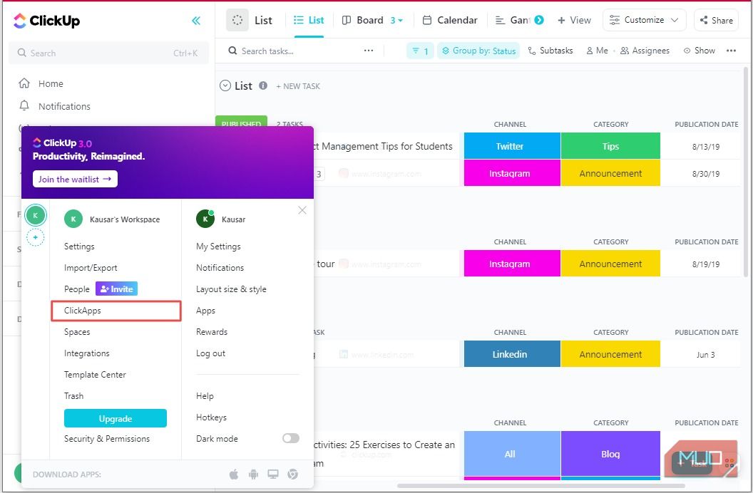 Truy cập ClickApps từ điều hướng thanh bên