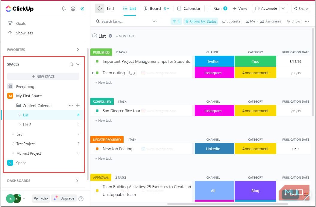 Chọn một không gian, thư mục hoặc danh sách trong không gian làm việc ClickUp