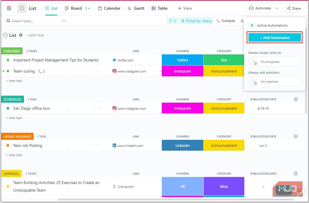 Nhấp vào nút Thêm Tự động hóa từ nút Tự động hóa