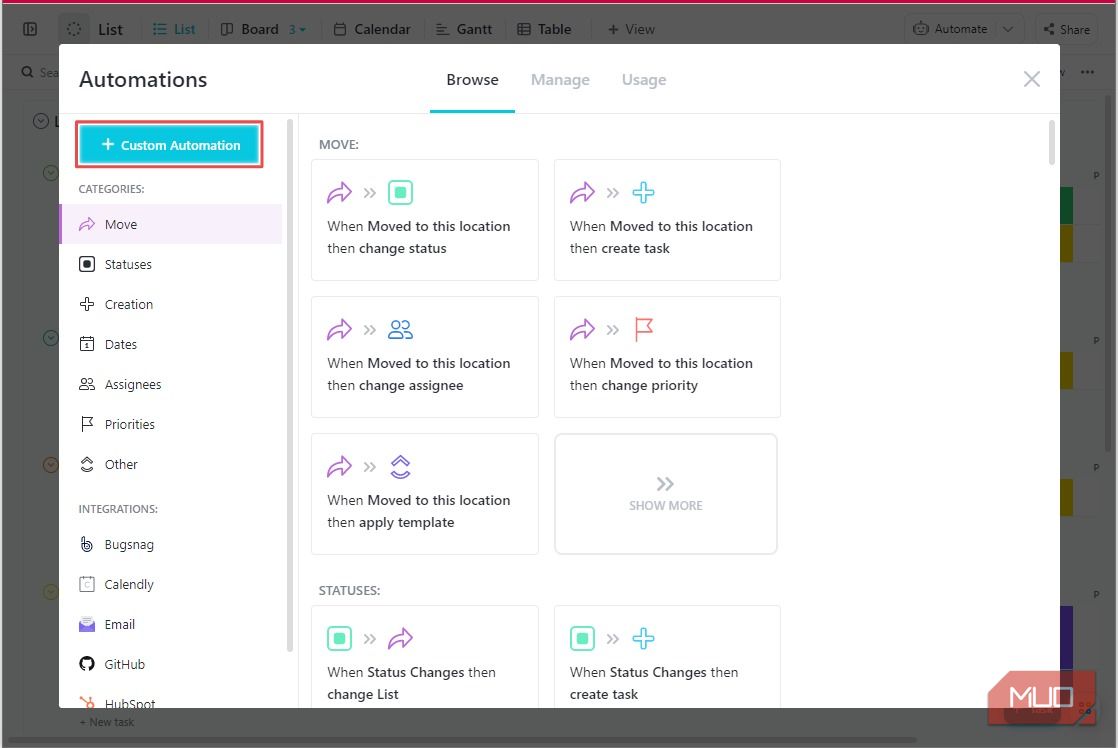Tạo tự động hóa tùy chỉnh mới trong ClickUp