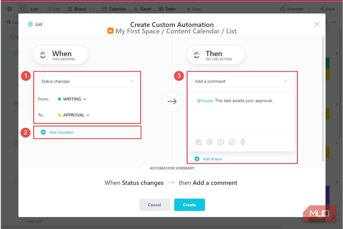 Thiết lập tự động hóa tùy chỉnh trong ClickUp