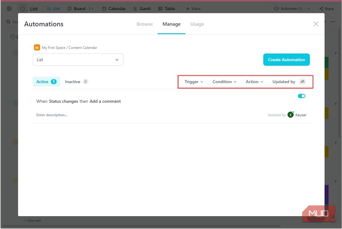 Lọc tự động hóa ClickUp theo hành động điều kiện kích hoạt và cập nhật lần cuối