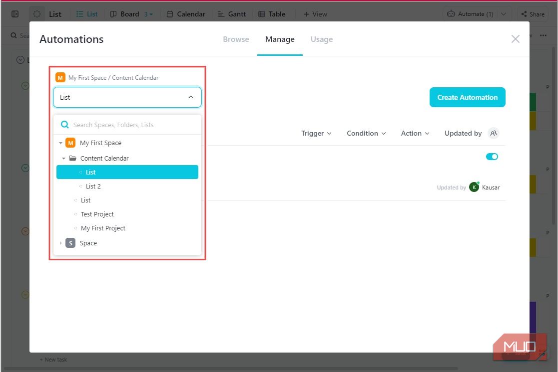 Lọc tự động hóa ClickUp theo Danh sách và Thư mục Spaces