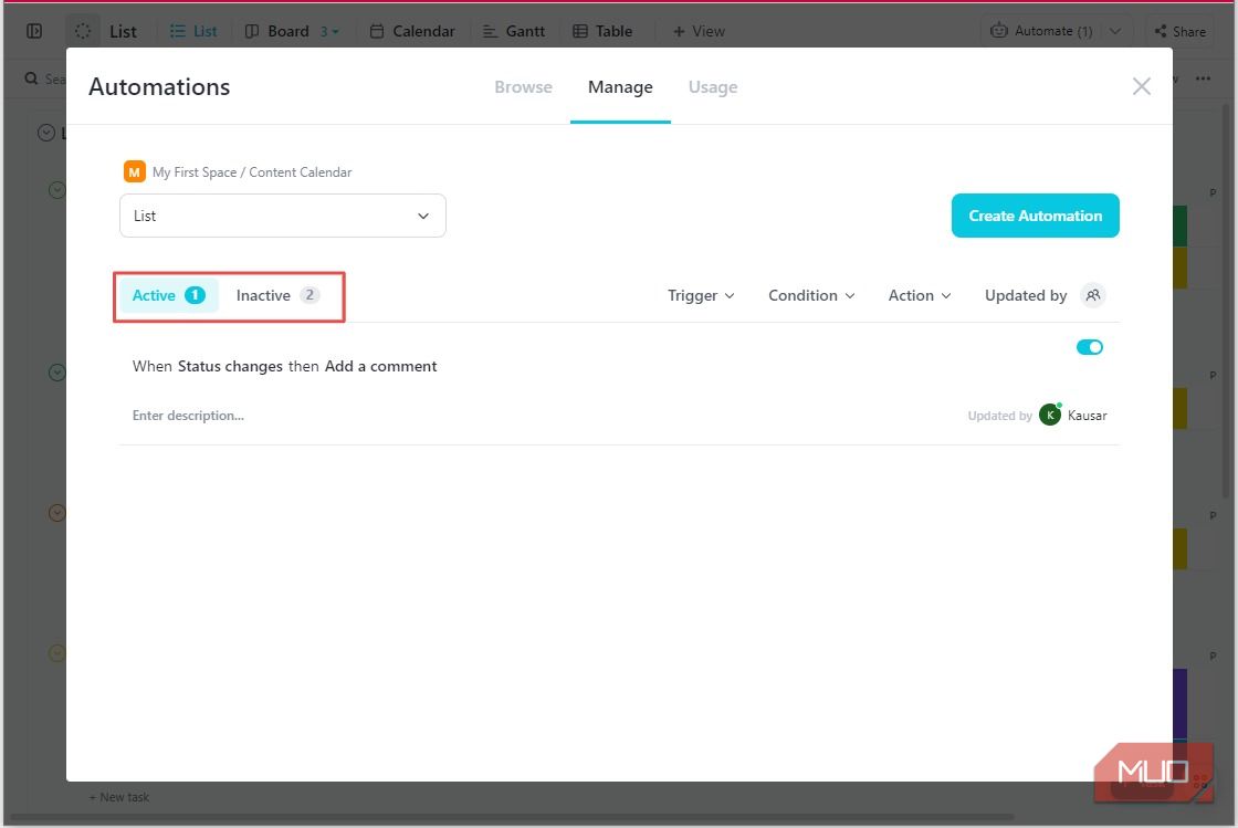 Các tab Tự động hóa đang hoạt động và không hoạt động