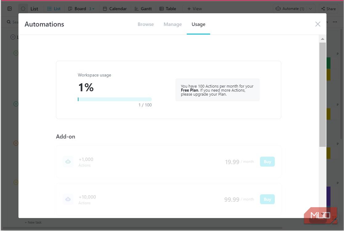 Tự động hóa ClickUp - tab Sử dụng