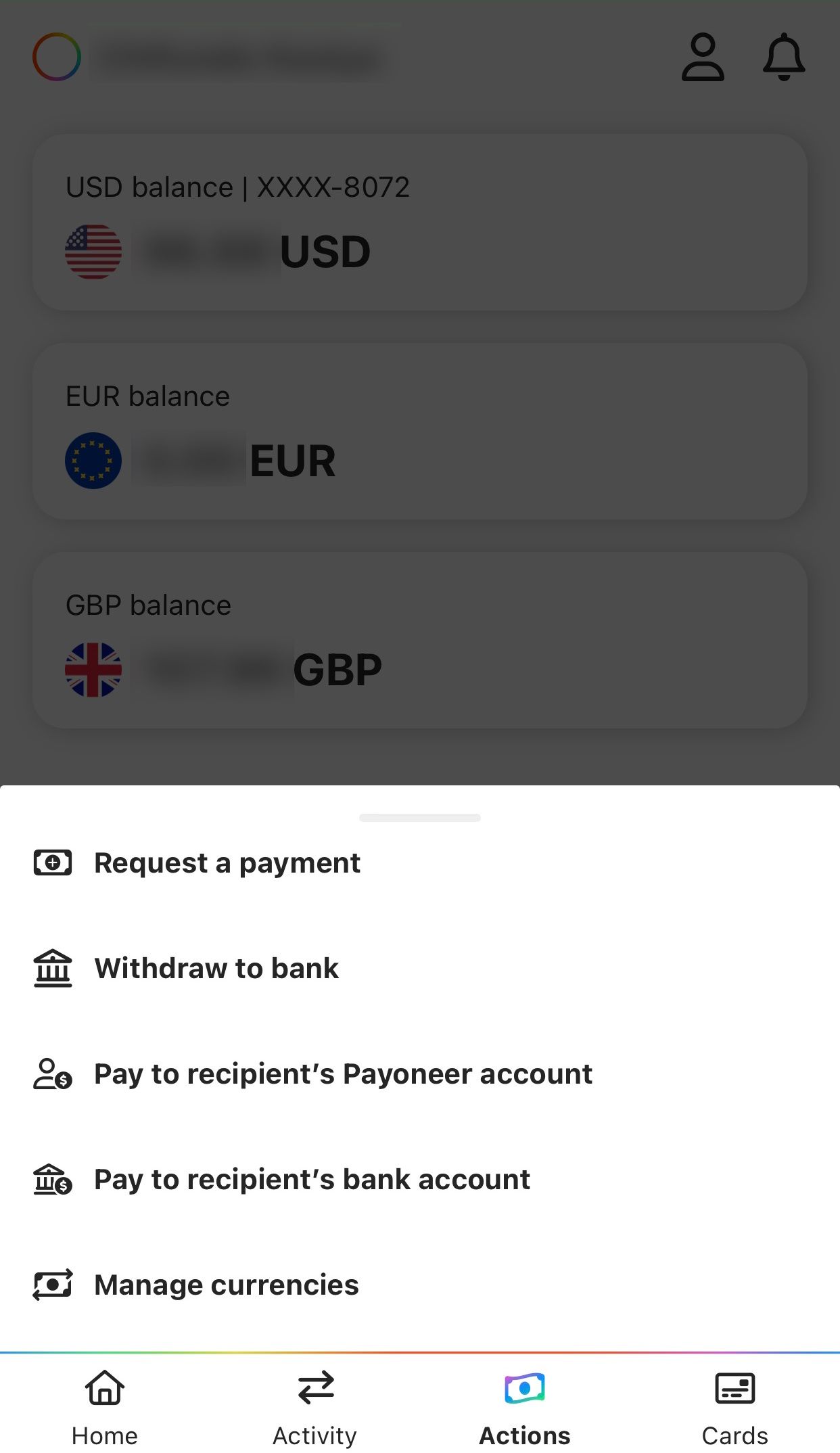 payoneer-app-dashboard-hành động