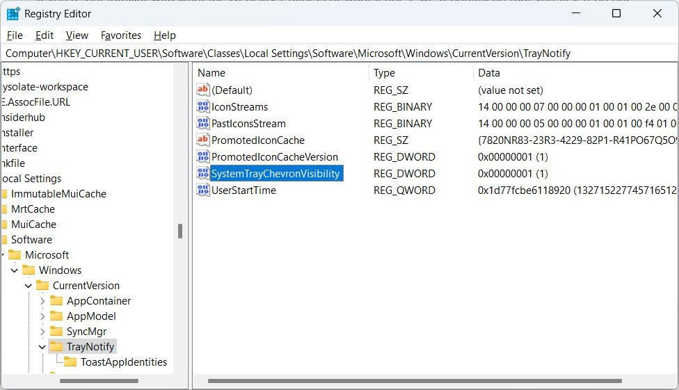 giá trị SystemTrayChevronVisibility trong Windows Registry Editor