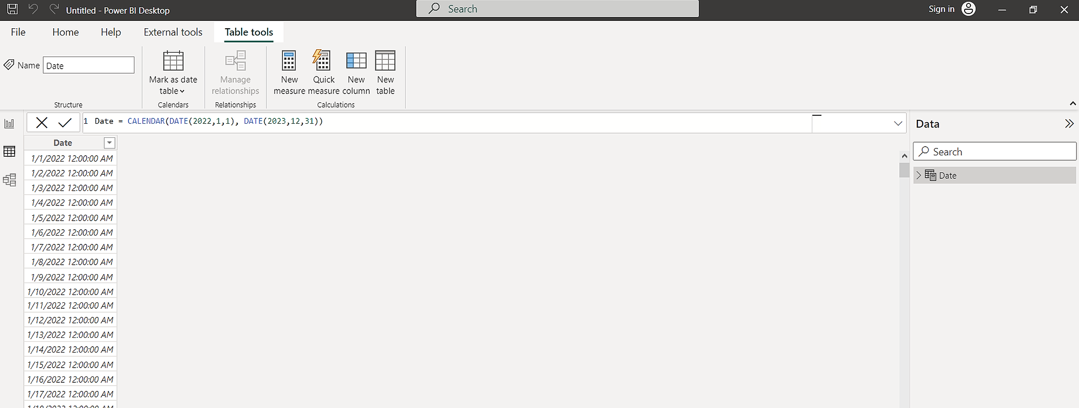 Công thức DAX hiển thị cách sử dụng hàm CALENDER()