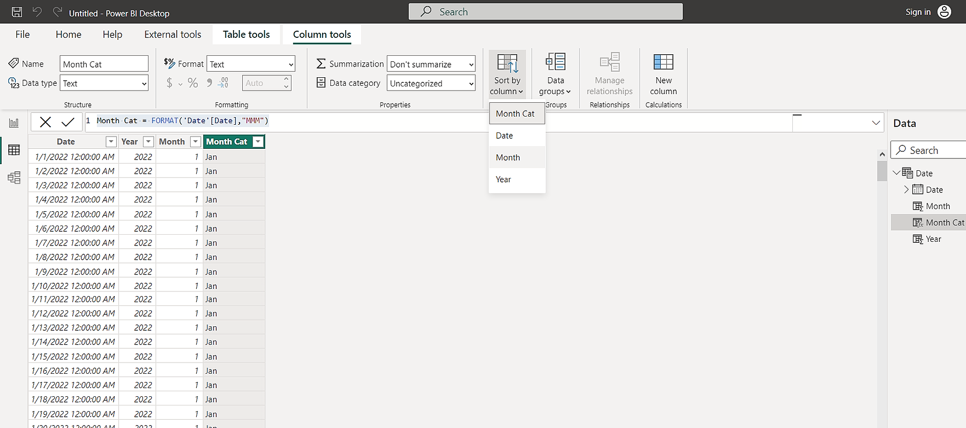Hiển thị cách sắp xếp tháng của bạn bằng tùy chọn Sắp xếp theo Cột.