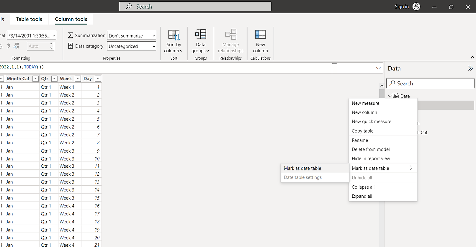 Hiển thị cách sử dụng tùy chọn Đánh dấu là Bảng ngày trong Power BI