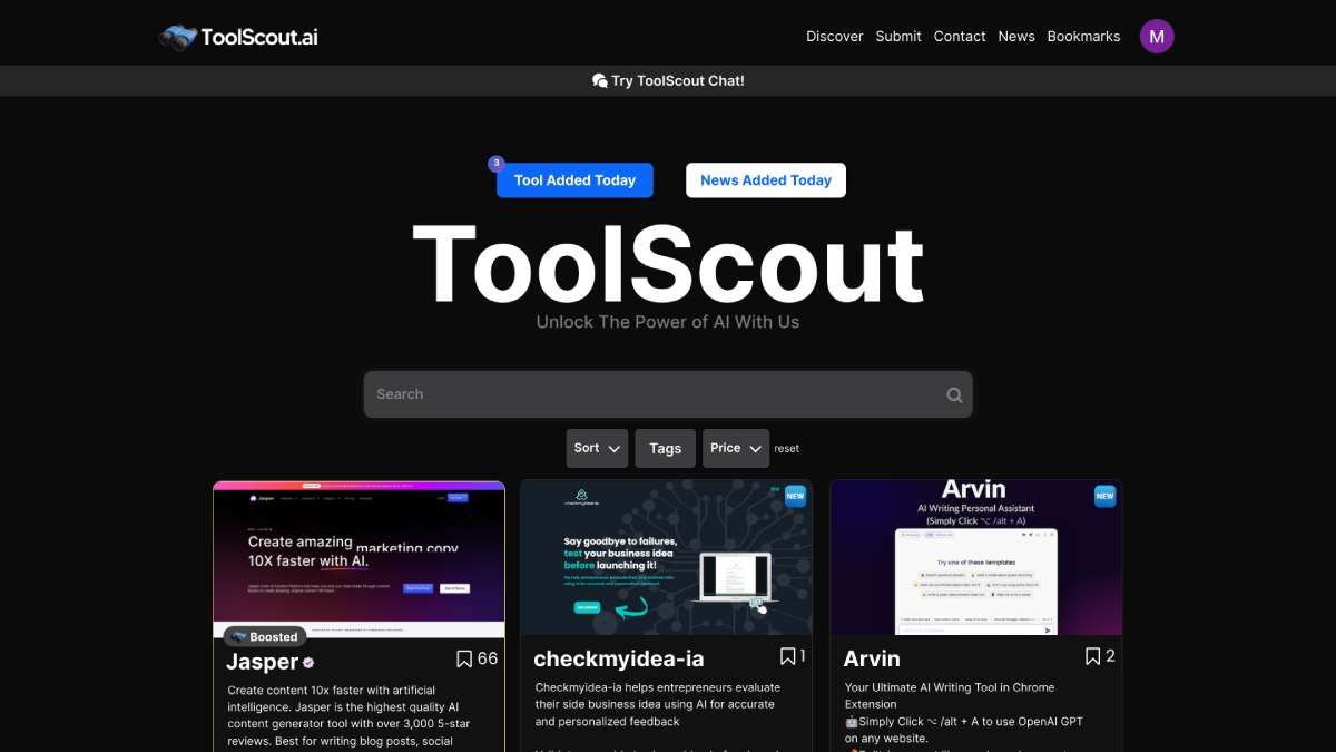 ToolScout cho phép bạn khám phá ngẫu nhiên các công cụ AI mới như StumbleUpon và bao gồm một chatbot giống như ChatGPT được tích hợp sẵn