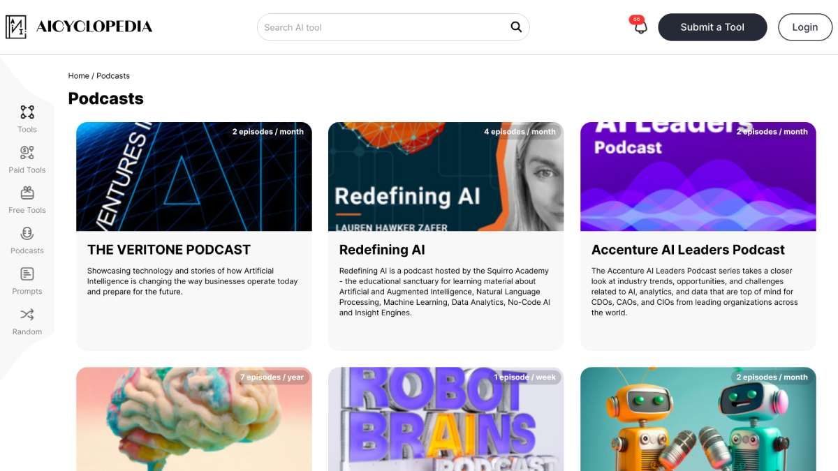 AIcyclopedia không chỉ quản lý các công cụ AI mà còn cả các podcast liên quan đến AI cũng như lời nhắc GPT