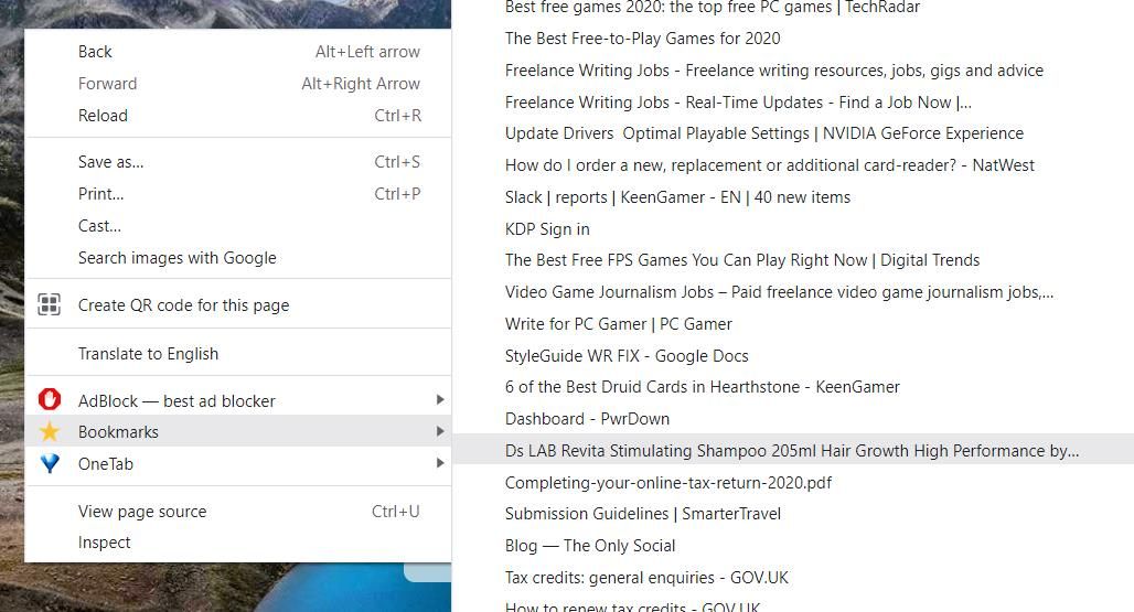 Menu con trình đơn ngữ cảnh Dấu trang 