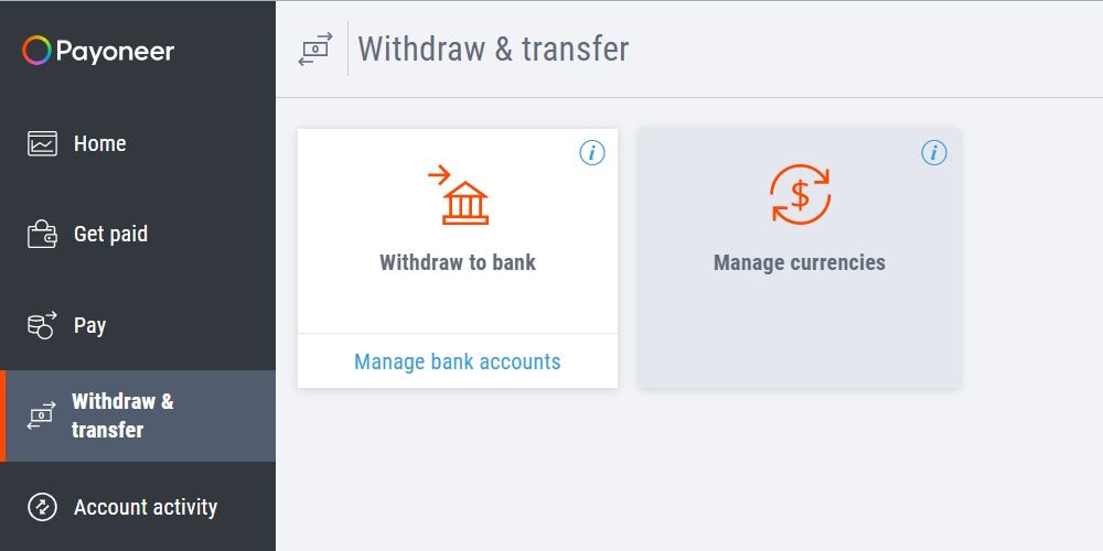 trang Rút tiền và chuyển khoản trên trang web Payoneer