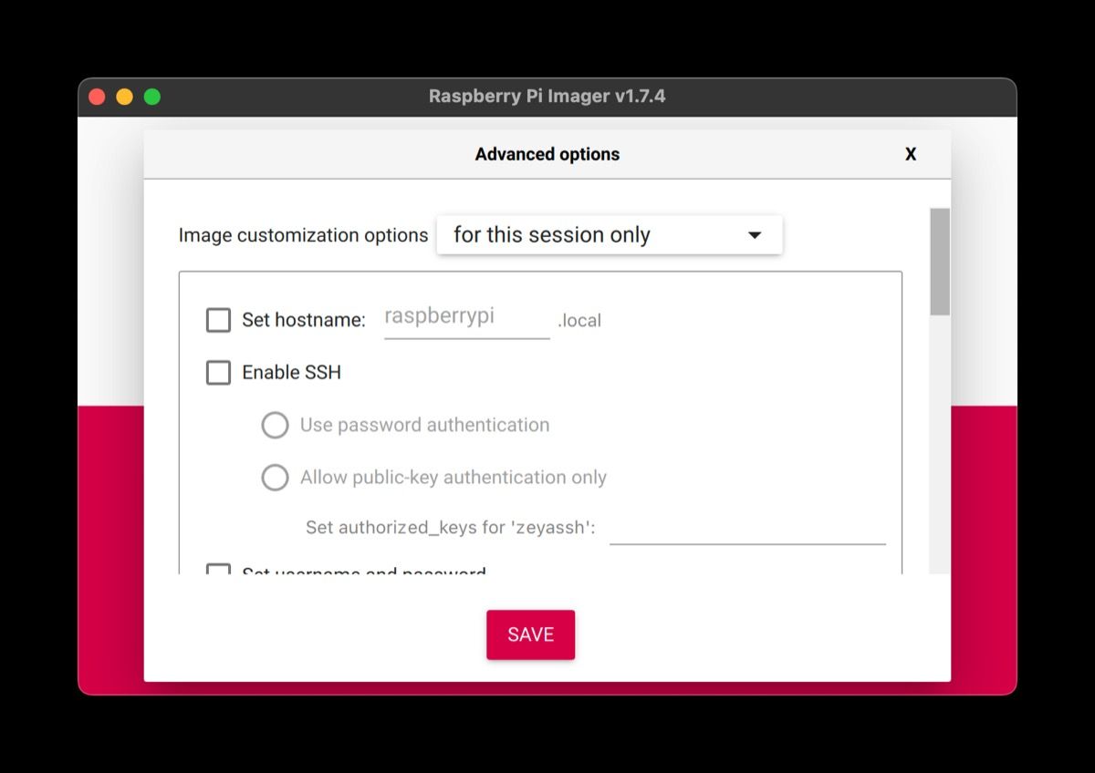 Màn hình tùy chọn nâng cao Raspberry Pi Imager