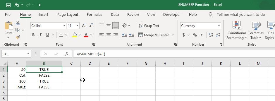 Ví dụ cơ bản về cách sử dụng hàm ISNUMBER trong Excel
