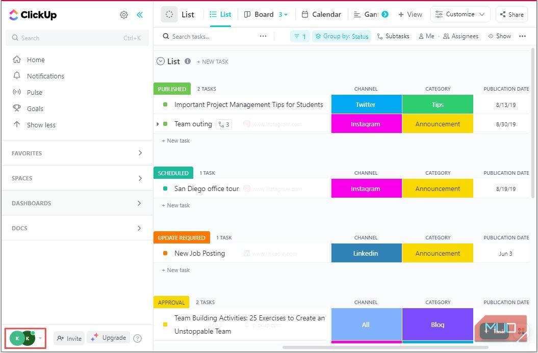 Biểu tượng hồ sơ của ClickUp trong điều hướng thanh bên chính