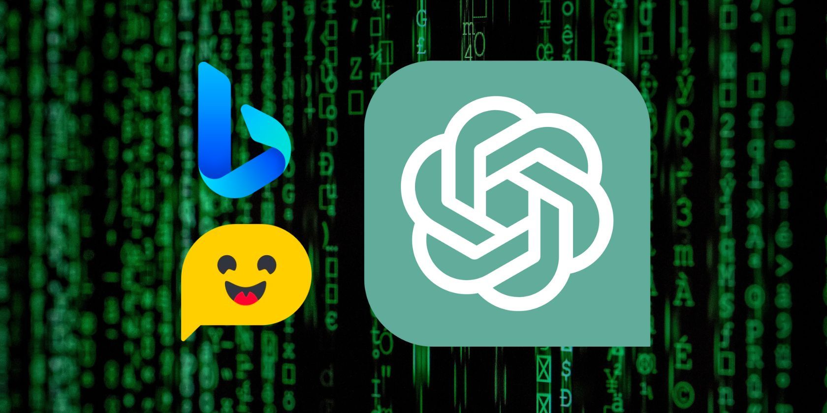 The Logos of Bing Chat, HuggingChat, and ChatGPT on a Matrix Background