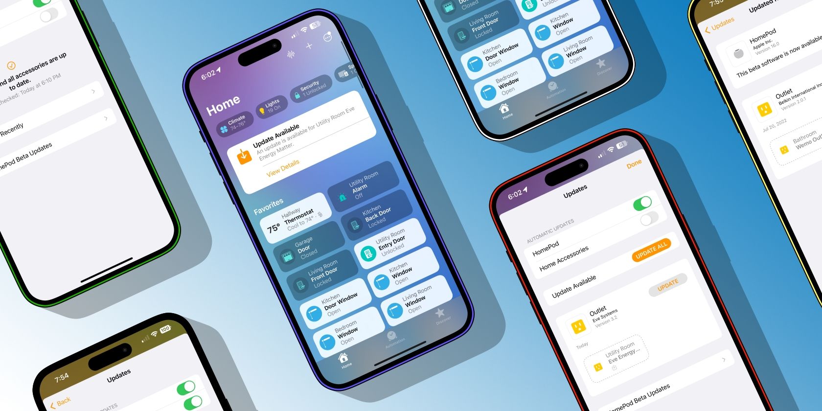 Cách cập nhật phụ kiện Apple HomeKit của bạn với ứng dụng Home iOS 16 Home App Smart Device Upgrade Process Displayed on Multiple iPhones