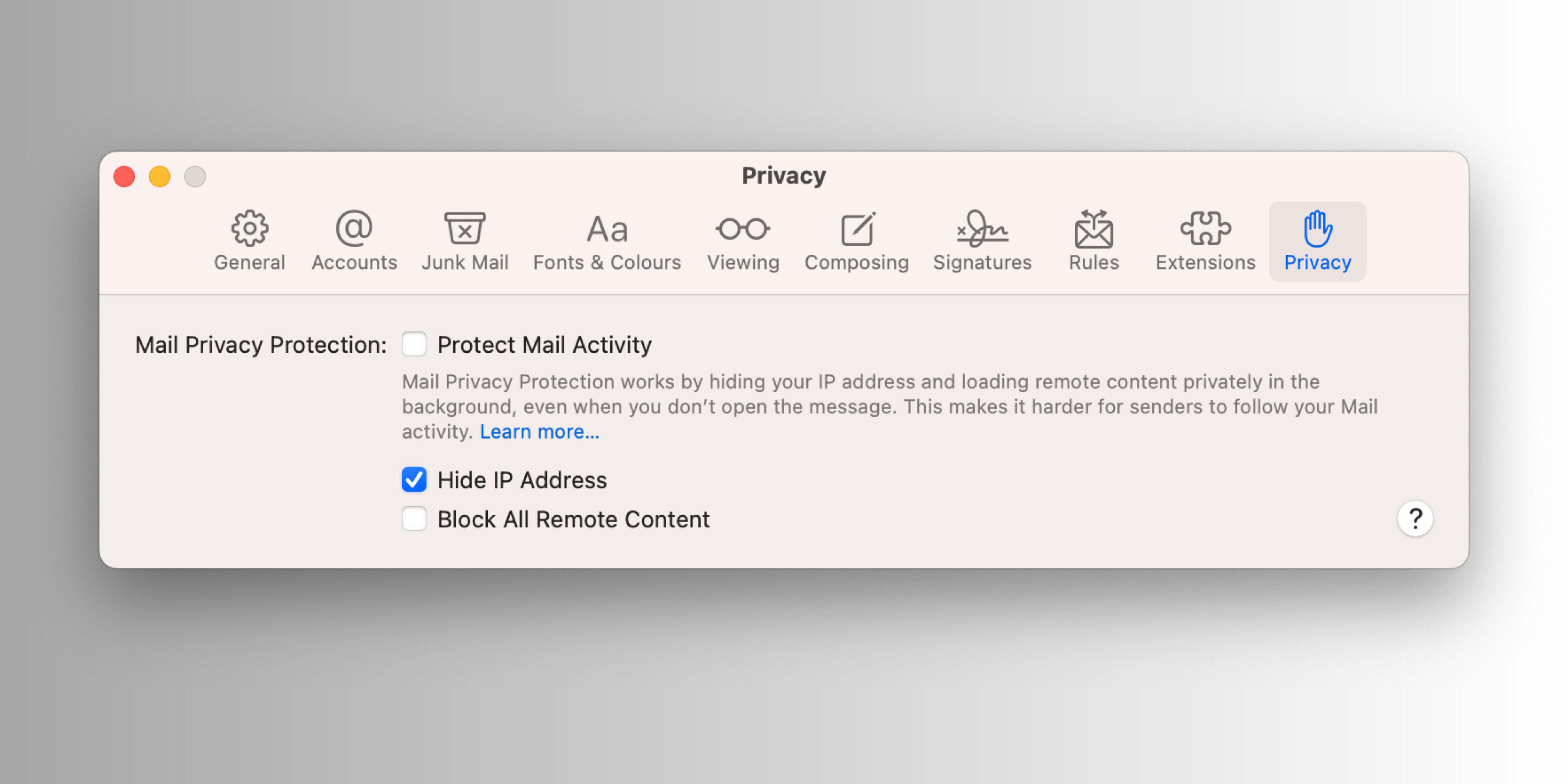 Tùy chọn Bảo vệ Hoạt động Thư trong Apple Mail