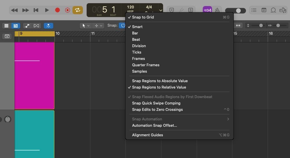 Menu thả xuống Snap hiển thị Snap to Grid trong Logic Pro X